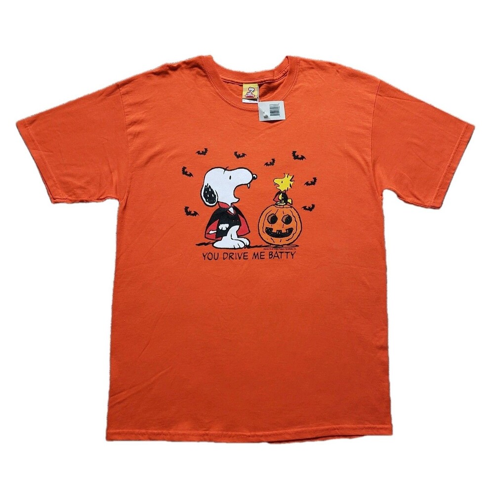 NWT Vintage Y2K Peanuts Halloween You Drive Me Batty Snoopy Large Orange T-Shirt